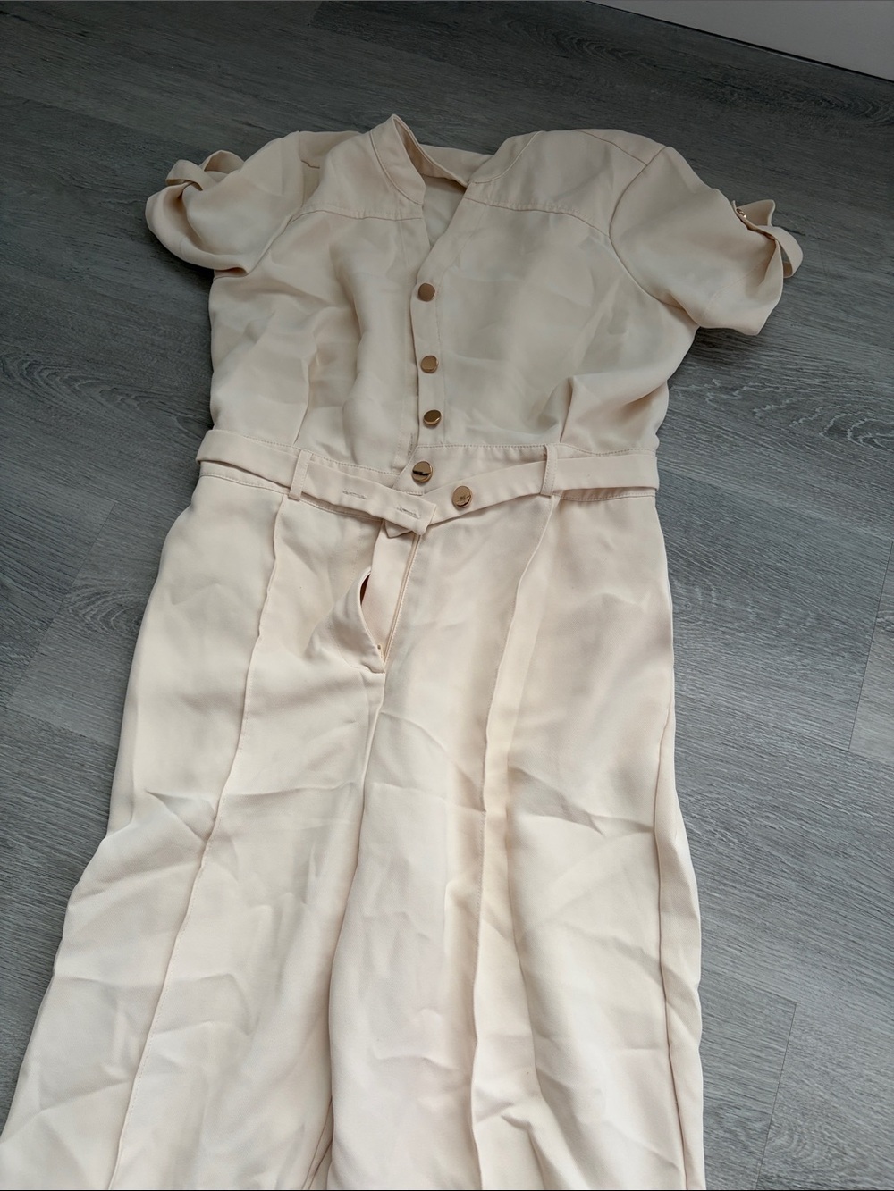 Cream Girls' Short Sleeve Jumpsuit Dress with Button Front